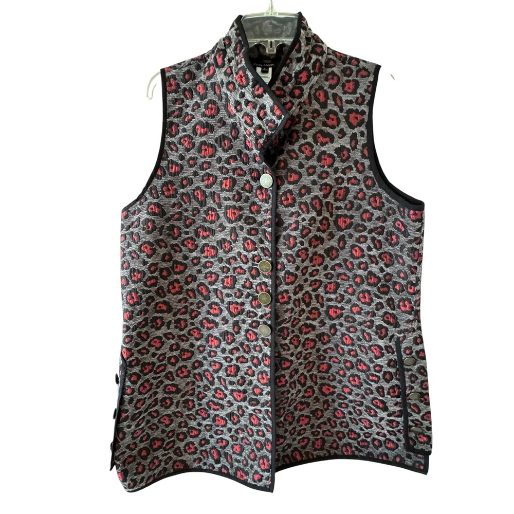 John Mark Women Red Gray Leopard Print Quilted Button Front Vest Large
